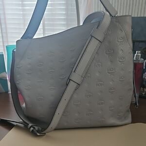 MCM Gray Embossed Leather Messenger Bag